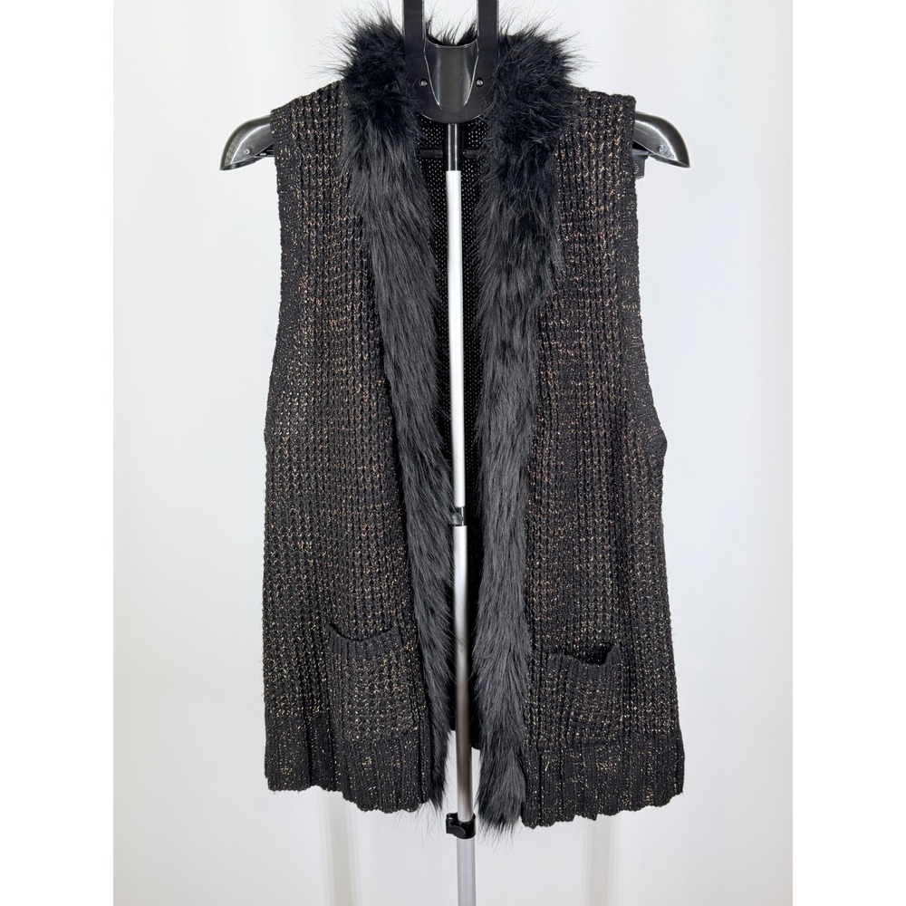 Style & Co Womens XL Black Gold Metallic Faux Fur Trim Knit Sweater Vest Pocket